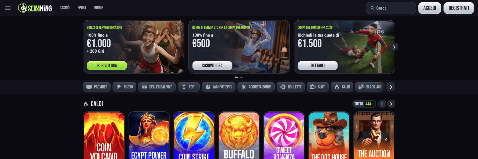 Screenshot of the Slimking Casino website